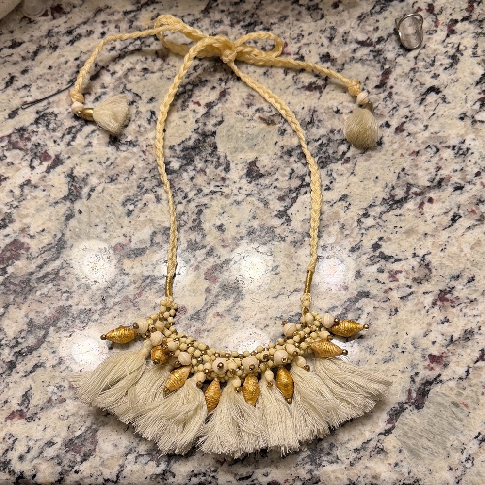 Noonday Collection Cream and Gold Tassel Necklace